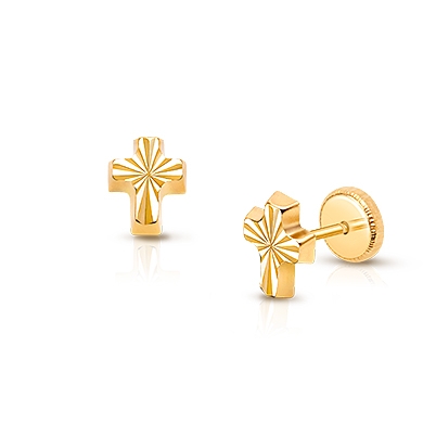 Diamond Cut Cross, First Holy Communion Children&#039;s Earrings, Screw Back - 14K Gold