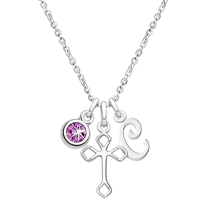 Diamond Point Cross, Children&#039;s Personalized Necklace Set for Girls (Includes Cross, Initial, and Birthstone Charms) - Sterling Silver