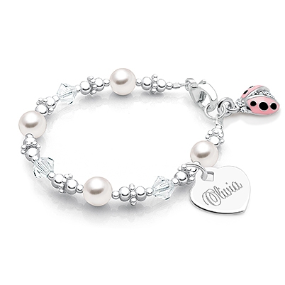 Diamonds &amp; Pearls, Baby/Children&#039;s Beaded Bracelet for Girls (INCLUDES Engraved Charm) - Sterling Silver