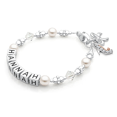 Diamonds &amp; Pearls, Baby/Children&#039;s Name Bracelet for Girls - Sterling Silver
