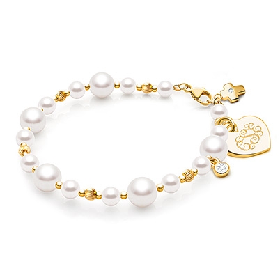 Divine Pearls, First Holy Communion Beaded Bracelet for Girls (Includes Engraved Charm) - 14K Gold