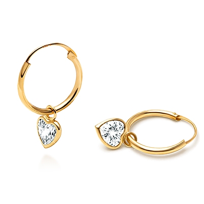 Fearless Heart Hoop Dangle, Clear CZ Mother&#039;s Earrings - 14K Gold