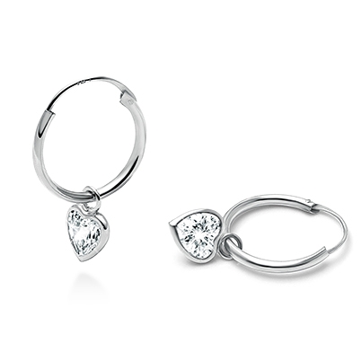 Fearless Heart Hoop Dangle, Clear CZ Teen&#039;s Earrings - 14K White Gold