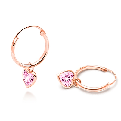 Fearless Heart Hoop Dangle, Pink CZ Teen&#039;s Earrings - 14K Rose Gold