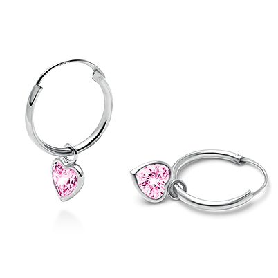 Fearless Heart, Pink CZ Baby/Children&#039;s Hoop Dangle Earrings - 14K White Gold
