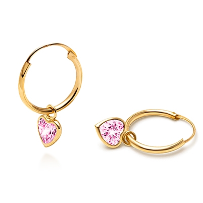 Fearless Heart Hoop Dangle, Pink CZ Teen&#039;s Earrings - 14K Gold