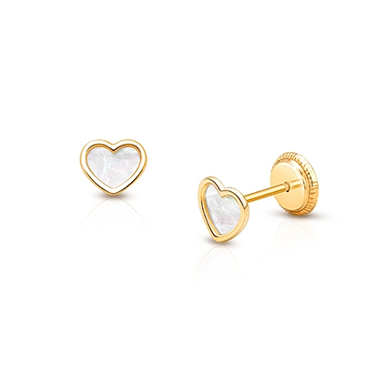 14K Gold Mother of Pearl Heart Earrings for Kids