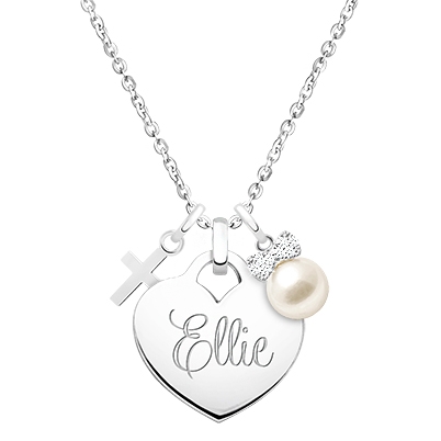 Gold Heart, Christening/Baptism Charm Necklace for Children (Includes Chain, Religious Charm &amp; FREE 1-Side Engraving) - 14K White Gold