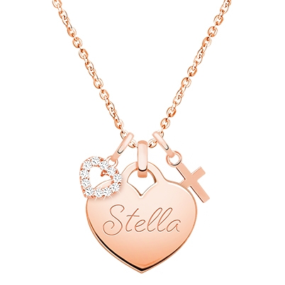14K Rose Gold Heart, Cross and Pearl Christening/Baptism Charm Necklace for Children (Includes Chain &amp; FREE 1-Side Engraving) - 14K Rose Gold