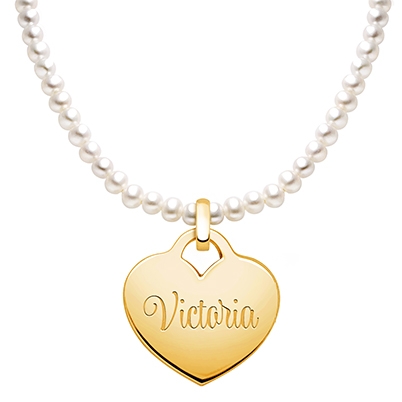 Pearl Necklace with 14K Gold Heart for Teens (FREE 1-Side Engraving) - 14K Gold