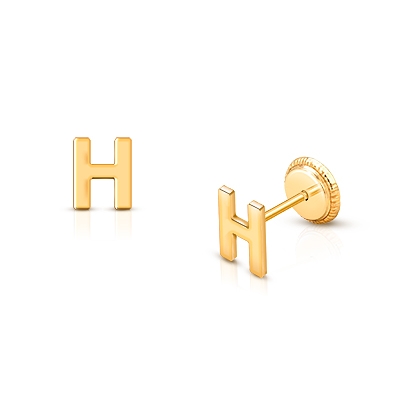 ‘H’ Initial Studs Personalized Baby/Children’s Earrings, Screw Back - 14K Gold
