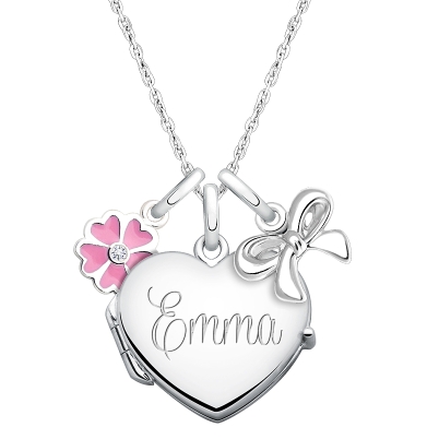 Heart Locket &quot;Design Your Own&quot; Children&#039;s Necklace for Girls (50+ Optional Charms &amp; FREE Engraving) - Sterling Silver