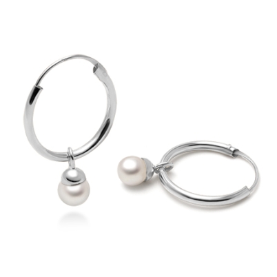 Perfect Pearl Hoop Dangle, First Holy Communion Children&#039;s Earrings - 14K White Gold