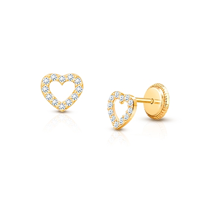 Love of Mine, Clear Pavé CZ Heart, First Holy Communion Children&#039;s Earrings, Screw Back - 14K Gold