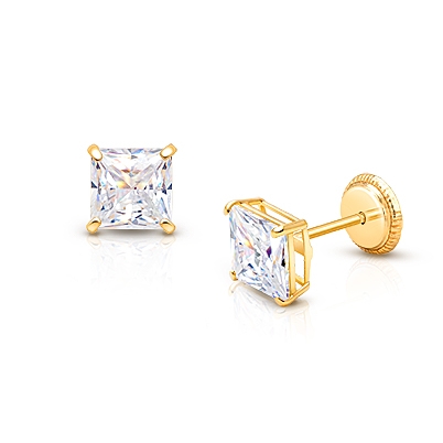 Princess Cut Studs, 5mm Clear CZ Studs, Baby/Children’s Earrings, Screw Back - 14K Gold