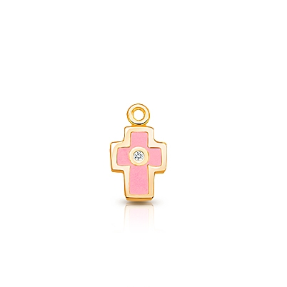 Cross - Pink Inset Diamond Baby/Children&#039;s Individual Charm (Add to Your Existing Bracelet or Necklace) - 14K Gold
