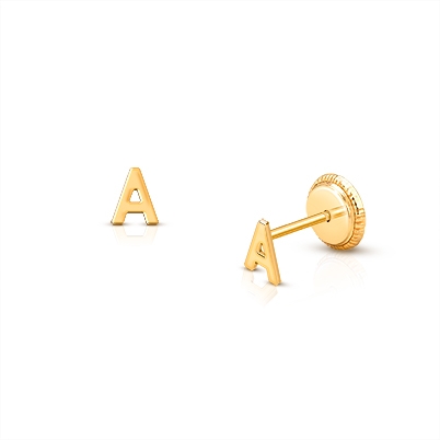‘A’ Initial Studs, Personalized Letter, Baby/Children’s Earrings, Screw Back - 14K Gold
