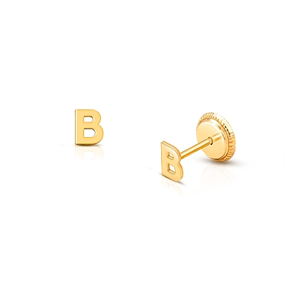 ‘B’ Initial Studs, Personalized Letter, Baby/Children’s Earrings, Screw Back - 14K Gold