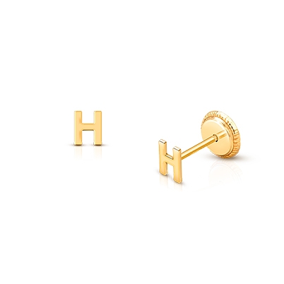 ‘H’ Initial Studs, Personalized Letter, Baby/Children’s Earrings, Screw Back - 14K Gold
