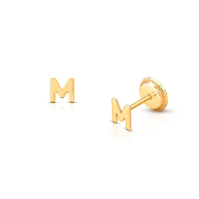 ‘M’ Initial Studs, Personalized Letter, Baby/Children’s Earrings, Screw Back - 14K Gold