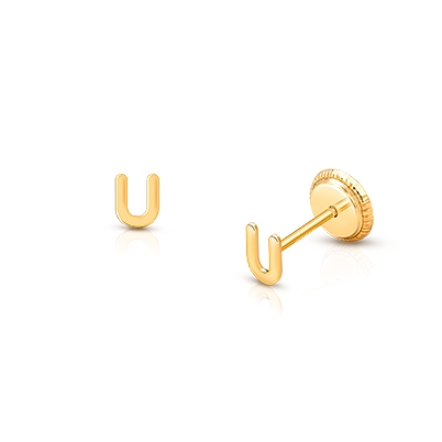 ‘U’ Initial Studs, Personalized Letter, Baby/Children’s Earrings, Screw Back - 14K Gold