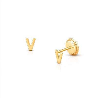 ‘V’ Initial Studs, Personalized Letter, Baby/Children’s Earrings, Screw Back - 14K Gold
