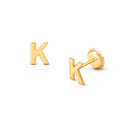 ‘K’ Initial Studs Personalized Baby/Children’s Earrings, Screw Back - 14K Gold