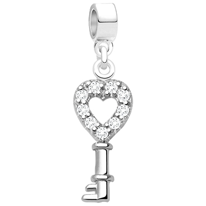 Key to Happiness, Sterling Silver with Pavé CZ Heart Key - Children&#039;s Adoré™ Dangle Charm
