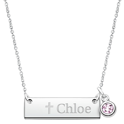 Large Bar, Christening/Baptism Children&#039;s Necklace for Girls (Optional Birthstone Charm &amp; FREE Engraving) - Sterling Silver