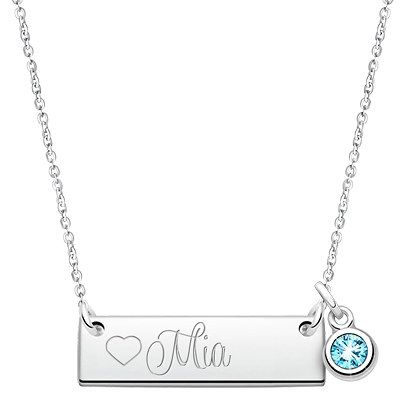 Large Bar, Engraved Children&#039;s Necklace for Girls (Optional Birthstone Charm &amp; FREE Personalization) - Sterling Silver
