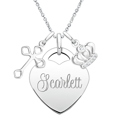 Large Heart, Christening/Baptism Children&#039;s Necklace for Girls (50+ Optional Charms &amp; FREE Engraving) - Sterling Silver
