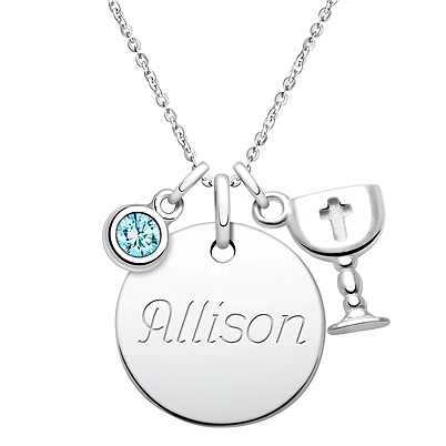 Large Round, Communion Children&#039;s Necklace for Girls (50+ Optional Charms &amp; FREE Engraving) - Sterling Silver