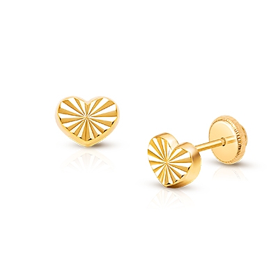 Diamond Cut Heart, Mother&#039;s Earrings, Screw Back - 14K Gold