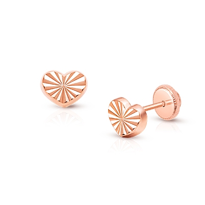 Diamond Cut Heart, Mother&#039;s Earrings, Screw Back - 14K Rose Gold