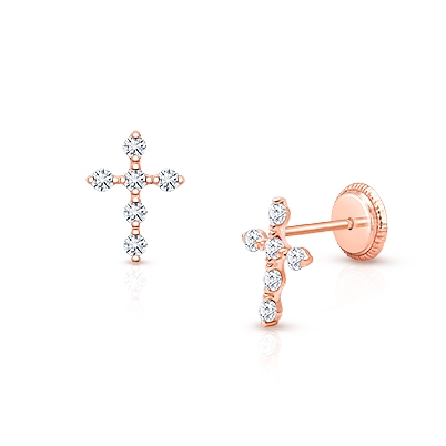 Pavé Cross, Clear CZ Baby/Children&#039;s Earrings, Screw Back - 14K Rose Gold