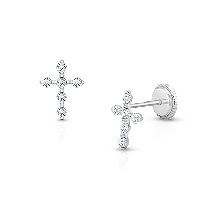 Light of Heaven, Christening/Baptism Baby/Children&#039;s Cross Earrings, Screw Back, Clear CZ - 14K White Gold