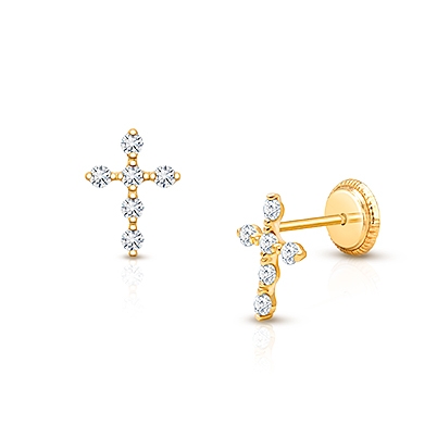 Light of Heaven, Baby/Children&#039;s Cross Earrings, Screw Back, Clear CZ - 14K Gold