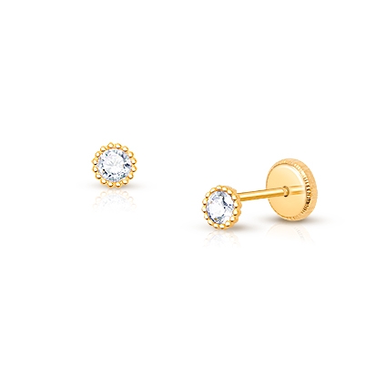 Little Princess, Clear CZ Baby/Children’s Earrings, Screw Back - 14K Gold