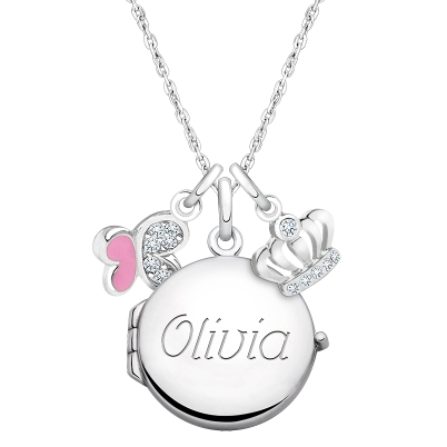 Round Locket &quot;Design Your Own&quot; Children&#039;s Necklace for Girls (50+ Optional Charms &amp; FREE Engraving) - Sterling Silver