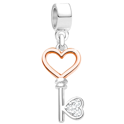 Love is an Open Door, 2-Tone Sterling Silver Heart Key with 14K Rose Gold Plating - Children&#039;s Adoré™ Dangle Charm