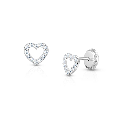 Love of Mine, Clear Pavé CZ Heart, Baby/Children&#039;s Earrings, Screw Back - 14K White Gold