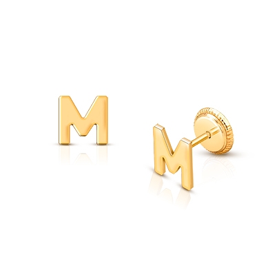 ‘M’ Initial Studs Personalized Baby/Children’s Earrings, Screw Back - 14K Gold