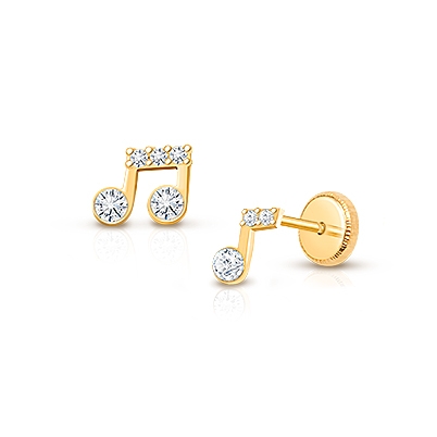Magical Music Notes, Clear CZ Teen&#039;s Earrings, Screw Back - 14K Gold