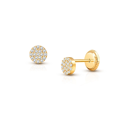 Micro Pavé Rounds, Clear CZ Christening/Baptism Baby/Children&#039;s Earrings, Screw Back - 14K Gold
