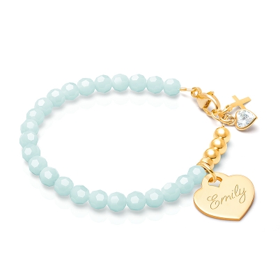 tB® Signature Crystal™ Trademark Blue, Baby/Children’s Beaded Bracelet for Girls (INCLUDES Engraved Charm) - 14K Gold