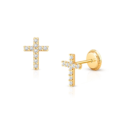 Miraculous Cross, Clear CZ Christening/Baptism Baby/Children’s Earrings, Screw Back - 14K Gold