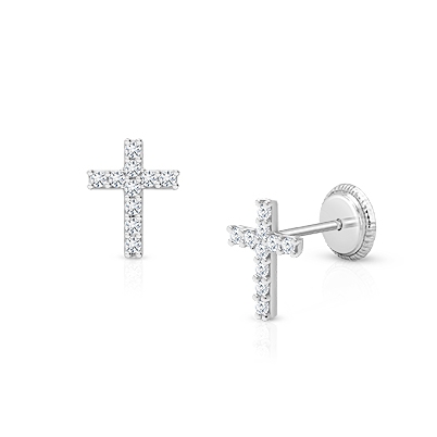 Miraculous Cross, Clear CZ Christening/Baptism Baby/Children’s Earrings, Screw Back - 14K White Gold