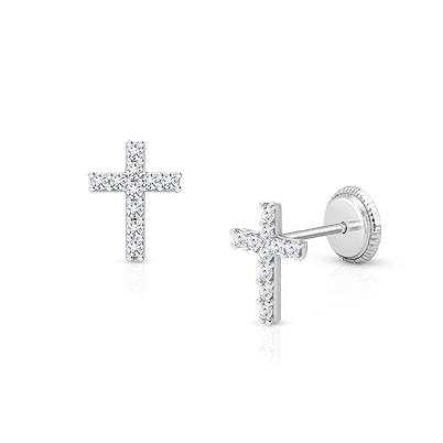 Miraculous Cross, Clear CZ First Holy Communion Children’s Earrings, Screw Back - 14K White Gold