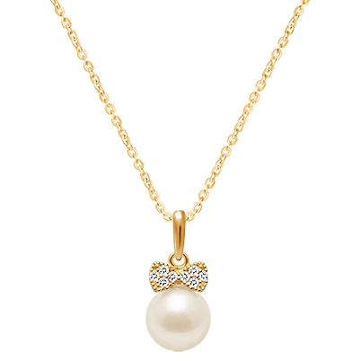 Miss Mouse Bow with Pearl Teen&#039;s Necklace (Includes Chain) - 14K Gold