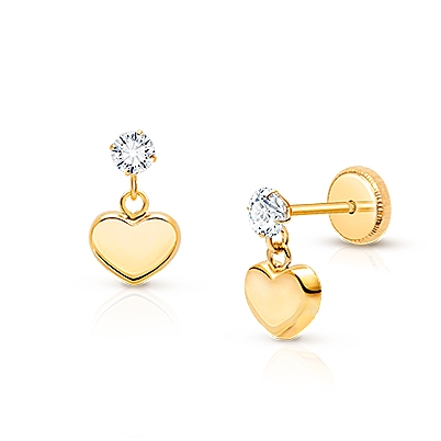 Modern Heart Dangle, Clear CZ First Holy Communion Children&#039;s Earrings, Screw Back - 14K Gold